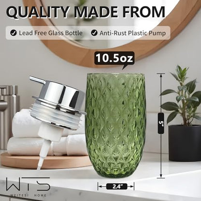 Glass Foaming Soap Dispenser, 10.5oz Foaming Pump Bottle with Silvery Pump for Bathroom, Kitchen, Refillable Bathroom Lotion Container Pump Bottle with Vintage Pattern, Green