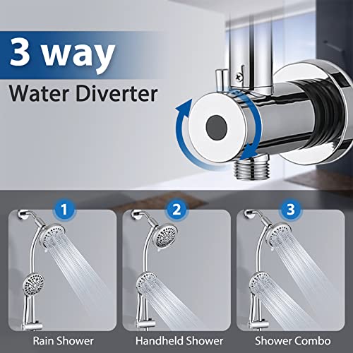 Rainfall Shower Head with Handheld Shower Spray, with 26" Drill Free Adjustable Height Slider Bar, High Pressure Dual Shower Head Combo, 3-Way Diverter for Easy Reach, 5Ft Hose - Chrome Finish - color: Chrome