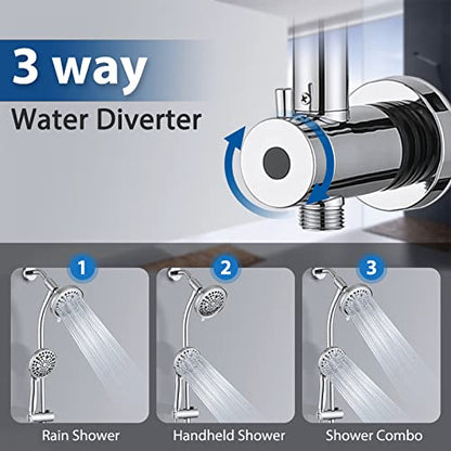 Rainfall Shower Head with Handheld Shower Spray, with 26" Drill Free Adjustable Height Slider Bar, High Pressure Dual Shower Head Combo, 3-Way Diverter for Easy Reach, 5Ft Hose - Chrome Finish - color: Chrome
