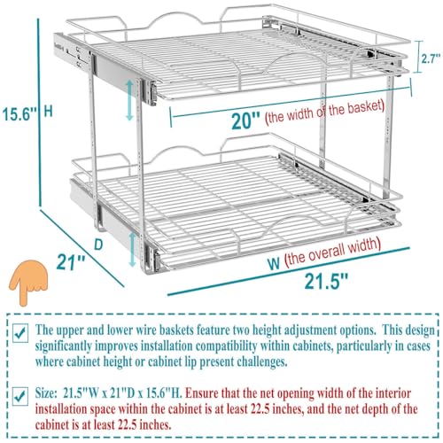 OCG 2 Tier Pull Out Cabinet Organizer (21.5" W x 21" D), Pull Out Drawers for Kitchen Cabinets, Pull Out Shelves for Base Cabinet Organization in Kitchen Bathroom Pantry, Chrome Finish - size: 21.5"W x 21"D, 2 Tier