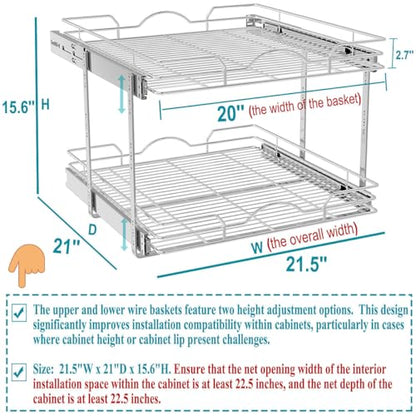 OCG 2 Tier Pull Out Cabinet Organizer (21.5" W x 21" D), Pull Out Drawers for Kitchen Cabinets, Pull Out Shelves for Base Cabinet Organization in Kitchen Bathroom Pantry, Chrome Finish - size: 21.5"W x 21"D, 2 Tier