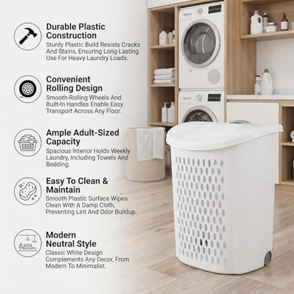 Plastic Laundry Hamper, Adult-Sized White Clothes Basket with Wheels, Large White Plastic Clothes Basket for Home, Dorm or Laundry Room