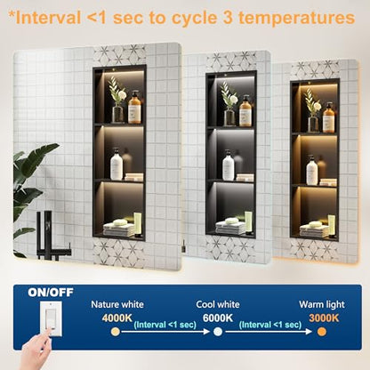 Matte Black 3-Tier 3CCT LED Niche, 12"x36" No-Tile Shower Storage | shower niche with 3-Temperature LED Strip Light (4000K/6000K/3000K),Waterproof, Sturdy&Durable,304 Stainless Steel Wall Niche - color: Matte Black, size: 12X36In