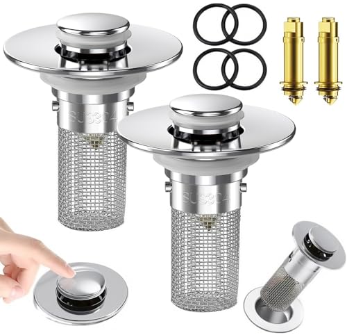 2Pack Bathroom Sink Drain Strainer, for 1.1to 1.45 inches Sink Drain Stopper Pop Up Sink Drain Filter, with Removable Stainless Steel Filter Basket Hair Catcher, for Bathtubs, Showers, Floor Drains