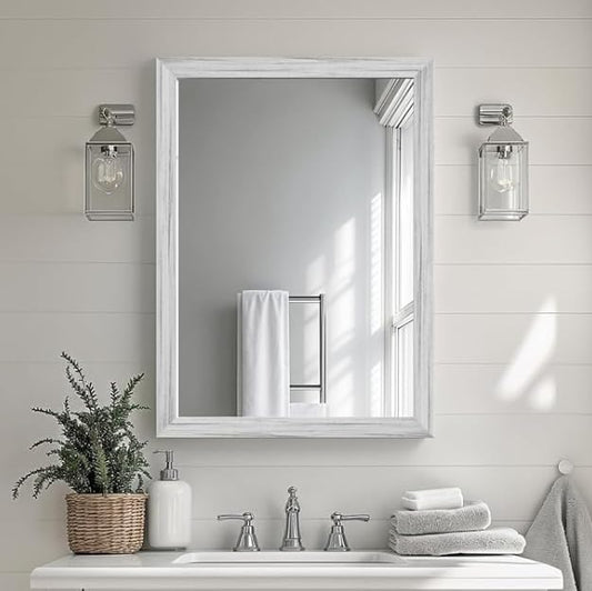 White Wood Effect Framed Wall Mirror, 20x30 Rectangle Mirror | Anti-desilvering Tempered Glass, Sustainable& Sturdy Frame, Farmhouse Mirror, Anti-Rust, 3min Setup for Bathroom Living Room - color: White Wood, size: 30"L x 20"W
