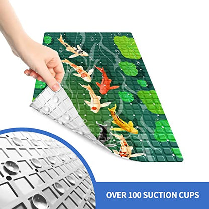 FCZ Bath Tub Mat Non Slip Shower Mat Japanese Carps Koi Fish Swim Lotus Pond 26.8x15 inches Rectangular PVC Mat with Suction Cups Drain Holes Machine Washable - color: Japanese Carps Koi Fish Swim Lotus Pond