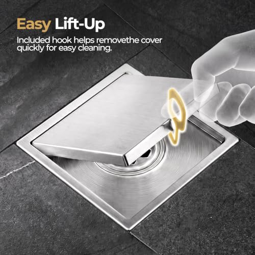 4-inch Square Tile Insert Shower Drain with Flange - SUS 304 Stainless Steel Invisible Floor Drain with Removable Cover and Strainer, Commercial Drain for Bathroom Kitchen, Nickel