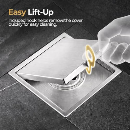 4-inch Square Tile Insert Shower Drain with Flange - SUS 304 Stainless Steel Invisible Floor Drain with Removable Cover and Strainer, Commercial Drain for Bathroom Kitchen, Nickel