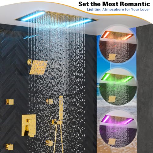 ENGA Bright Gold Dual Rain LED Shower System, 14"x20" Shower Head + 6" Wall Shower, 4 Body Jets with Individual On/Off & Adjustable Water Pressure, Rainfall Shower Faucet Set - color: Bright Gold, style: 14X20" Led Shower - Body Jets