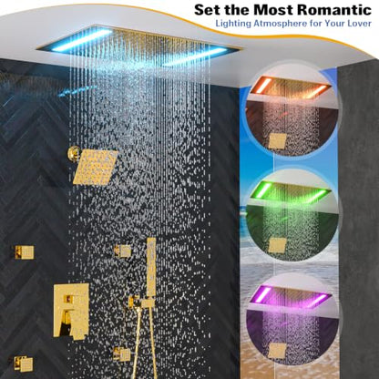 ENGA Bright Gold Dual Rain LED Shower System, 14"x20" Shower Head + 6" Wall Shower, 4 Body Jets with Individual On/Off & Adjustable Water Pressure, Rainfall Shower Faucet Set - color: Bright Gold, style: 14X20" Led Shower - Body Jets