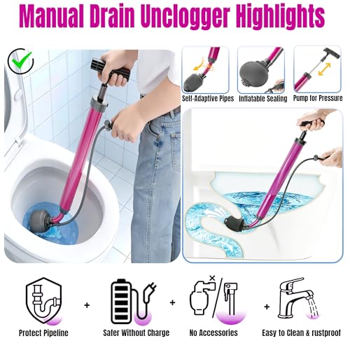 Manual Drain Unclogger, High Pressure Toilet Plunger: No-Splash, No Electricity, No Accessories, Pipe-Safe, Easy to Use, Reusable & Easy to Clean for Toilet, Sink, Bathtub, All Household Pipes - color: Purple