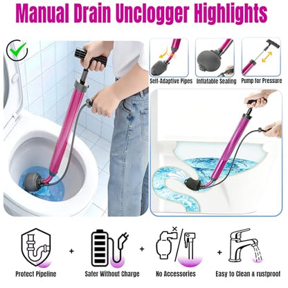 Manual Drain Unclogger, High Pressure Toilet Plunger: No-Splash, No Electricity, No Accessories, Pipe-Safe, Easy to Use, Reusable & Easy to Clean for Toilet, Sink, Bathtub, All Household Pipes - color: Purple
