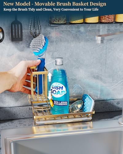 Consumest Sink Caddy, Kitchen Sponge Holder with Dish Brush Holder, Kitchen Sink Organizer with Drip Tray for Countertop, Stainless Steel Rustproof - Gold - color: Gold