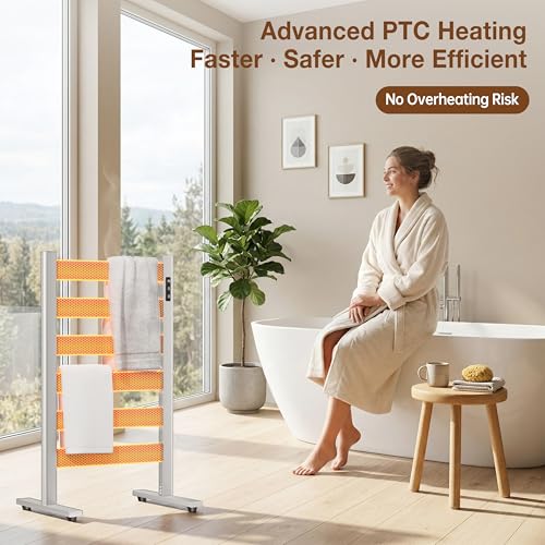 6-Bar Freestanding Heated Towel Warmer with PTC Fast Heating | 170°F Adjustable Temperature, 2-12H Timer & Memory Function, Freestanding Design, Wide Bar Rack for Towels, Matte White - color: White