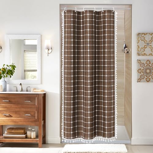 Boho Farmhouse Classic Plaid Linen Tassel Shower Curtain Brown,36x72 | Small Stall Half Size,310GSM Linen Blend Heavy Duty Cloth,3-side Tassels,Wrinkle Resistant,Rustic Bohemian Country design - color: Brown, size: 36"W x 72"L (Pack of 1)