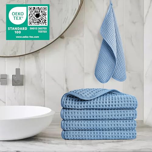 POLYTE 430 GSM Microfiber Lint Free Washcloth Face Towel, 13 x 13 in, 4 Pack (Waffle Weave) - color: Blue