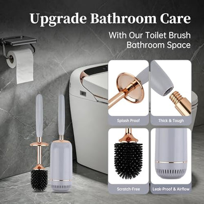 Toilet Brush and Holder Set, Toilet Bowl Brush with Long Handle, High-End Modern Silicone Toilet Brush Set, Non-Scratch Hygienic(Matte Grey + Silver, A),Father's Day - color: Matte Grey + Silver