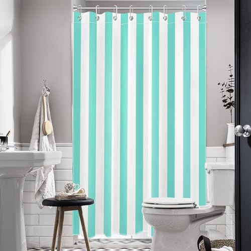 Modern Farmhouse Narrow Shower Curtain Set, 48 x 68 inch, Teal and White Striped Half Size Liner, Fabric Set with Hooks - color: Teal, size: 48"W x 68"L (Pack of 1)