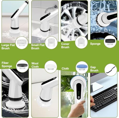WKY-Electric Spin Scrubber - Upgraded 10-in-1 IPX7 Waterproof Shower Scrubber, Retractable Handle & 2-Speed for Toilet, Bathroom, Bathtub, Tile Floors - color: White