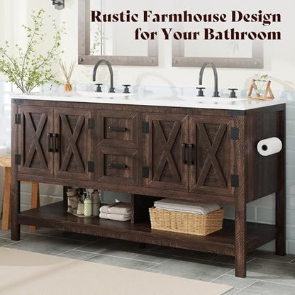 AMERLIFE 60" Brown Farmhouse Double Sink Bathroom Vanity, Solid White Top | Rustic Brown, Solid White Integrated Top, Moisture-Resistant MDF, 4 X-Panel Doors, 2 Drawers, Open Shelf, Paper Towel Holder - color: Rustic Brown, size: 60”