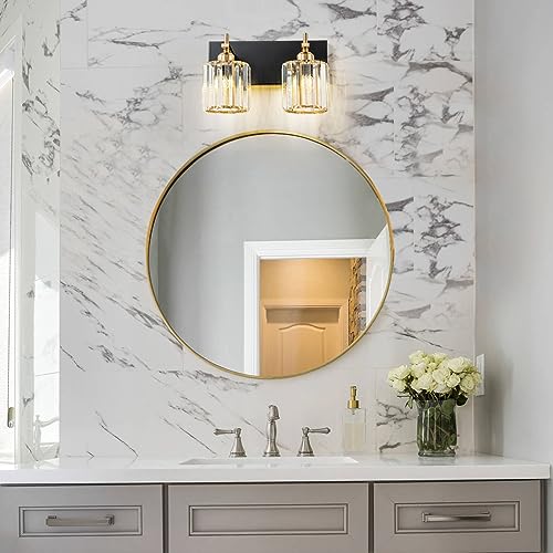 2-Light Crystal Bathroom Vanity Lights, Black Gold Modern Bathroom Light Fixtures Over Mirror Crystal Wall Lighting with Polished Gold Finish - color: Black Gold-Round Shade, size: 2-Light