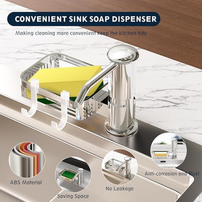 Soap Dispenser for Kitchen Sink, Mecyfaty Under Counter Sink Soap Dispenser Pump with 39" Extension Tube Kit, Built in ABS Kitchen Dish Soap Dispensers with Sponge Holder, No More Refills, Chrome - color: Chrome