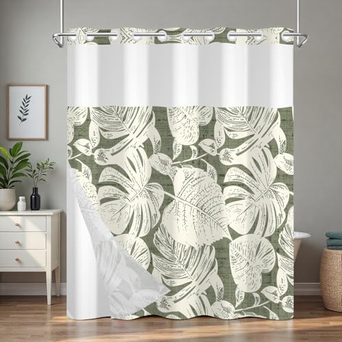 Tropical Leaves Shower Curtain with Snap in Liner, Monstera Leaf No Hook Shower Curtain with Mesh Top Window and Weighted Hem, Waterproof Fabric Hotel Summer Bathroom Shower Curtain Sets, 71x74 Inches - color: Monstera
