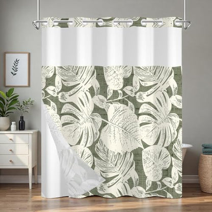Tropical Leaves Shower Curtain with Snap in Liner, Monstera Leaf No Hook Shower Curtain with Mesh Top Window and Weighted Hem, Waterproof Fabric Hotel Summer Bathroom Shower Curtain Sets, 71x74 Inches - color: Monstera