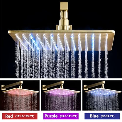 Aolemi Shower Faucet Set with Valve Handheld 12" LED Head Brushed Gold | Handheld Spray,12 Inch Rain LED Head,Valve and Trim Kit,All Metal,Wall Mount Shower System,Bathroom Mixer - color: Gold, size: 12 Inch LED Shower Head
