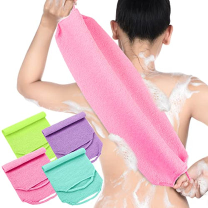 Moukeren Exfoliating Back Scrubber with Handles 4 Pack Nylon Back Exfoliator Extended Length Washers Scrubbers Stretchable Pull Strap Exfoliating Washcloth(Pink,Blue,Fluorescent Green,Purple) - color: Pink, Blue, Fluorescent Green, Purple