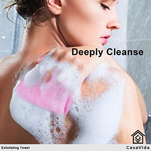 Exfoliating Washcloth Back Scrubber, 3 Pack | Japanese Beauty Washcloth, Back Scrubber for Daily Use, Textured Poly Nylon Body, Smoother-Looking Skin, Quick-Dry - style: Blue + Yellow + Pink