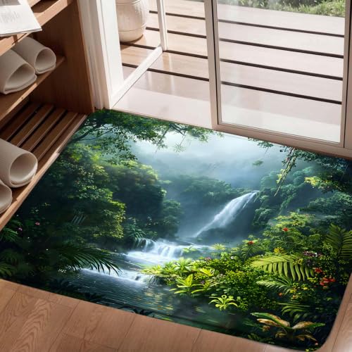 Rainforest Waterfall Bath Mat,17.8" Wx29.5 L Inch | Tropical Green Jungle, Nature Tree Forest Scenery, Stream River, Memory Foam,Bathroom Floor Bathtub Rug