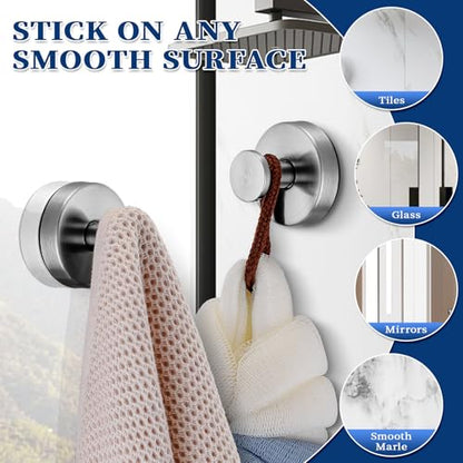 Suction Cup Hooks No Drill Stainless Steel Shower Hooks Towel Hook Heavy Duty on Smooth and Non-Porous Surfaces in Bathrooms Kitchen Bedroom (2, Brushed Nickel) - color: Brushed Nickel