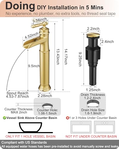 Gold Vessel Sink Faucet, Brass Waterfall Tall Faucet for Bathroom Sink 1 Hole with Single Handle, Pop-up Drain & cUPC Water Hoses for Antique Bowl Basin Save Water - color: Brushed Gold - Elegant