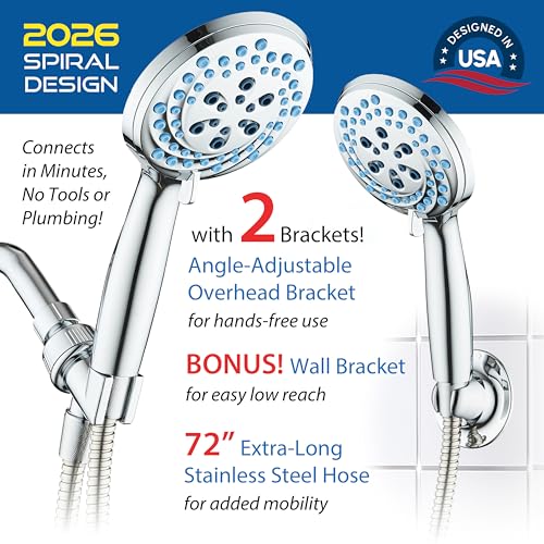 AquaCare New 8-mode High Pressure Handheld Shower Head w/ 2-way Power Wash | Stay Clean Nozzles, Dual Power Wash for Tub, Tile & Pets, Long 6 ft. Stainless Steel Hose, Wall & Overhead Brackets / Chrome - color: Chrome