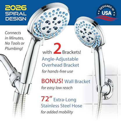 AquaCare New 8-mode High Pressure Handheld Shower Head w/ 2-way Power Wash | Stay Clean Nozzles, Dual Power Wash for Tub, Tile & Pets, Long 6 ft. Stainless Steel Hose, Wall & Overhead Brackets / Chrome - color: Chrome