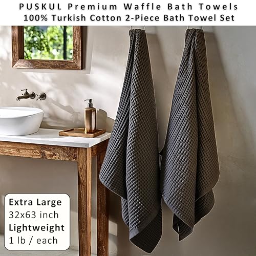 PÜSKÜL 2-Piece Natural 100% Turkish Cotton Waffle Bath Towels Extra-Large | Dark Gray, 32x63" Bath Sheet Towel, Light Soft Absorbent Quick-Dry Lint-Free Premium Honeycomb Weave Oeko-Tex Made in Turkiye - color: Anthracite Dark Gray, size: Bath Towels - Pa