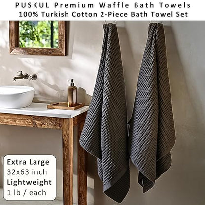 PÜSKÜL Natural 100% Turkish Cotton Waffle Bath Towels Set of 2, Extra-Large | Dark Gray, Oversize 32x63" Bath sheet towel for bathroom & beach. Honeycomb-Waffle weave, Premium oeko-tex made in Turkey. - color: Anthracite Dark Gray, size: Bath Towels - Pac