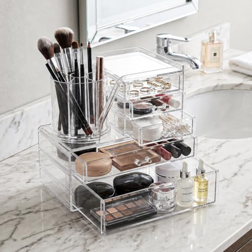 2-Tier Acrylic Makeup Organizer, 360° Rotating Brush Holder & 5 Drawers | Stackable Design; 5 Detachable Drawers; Crystal Clear Display; Space-Saving Countertop Caddy for Vanity, Bedroom & Bathroom - size: 2 Tier-5 Drawers
