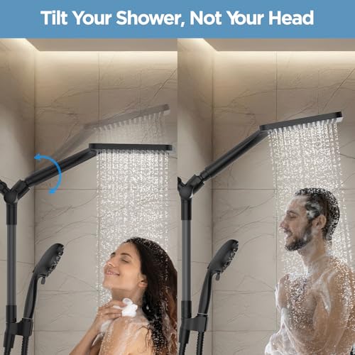 Dual Handheld Shower Head Combo, 2-in-1 Rain Shower Heads System Wide Rainfall Shower Head and 10 Modes High Pressure Hand Held Showerhead with Built-in Power Wash - color: Matte Black, size: 10 Inch Standard