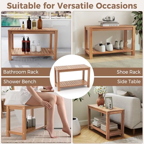 Giantex Teak Shower Bench with Shelf, 30 Inch Shower Stool with Slatted Seat for Elderly Seniors, Waterproof Bathroom Spa Bathing Seat Foot Rest Entryway Bench for Indoor and Outdoor Use - size: 30" x 12.5" x 18"