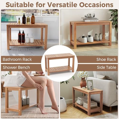 Giantex Teak Shower Bench with Shelf, 30 Inch Shower Stool with Slatted Seat for Elderly Seniors, Waterproof Bathroom Spa Bathing Seat Foot Rest Entryway Bench for Indoor and Outdoor Use - size: 30" x 12.5" x 18"