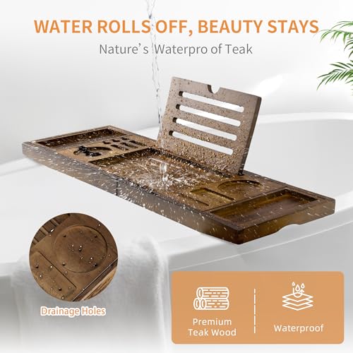 Luxury Teak Bathtub Tray - Foldable Bath Caddy with Expandable Handles, Wine Glass & Phone Holder, Book Stand - Enhance Home Spa Experience with Natural Material - Relaxing & Reading, Light Walnut - color: Light Walnut