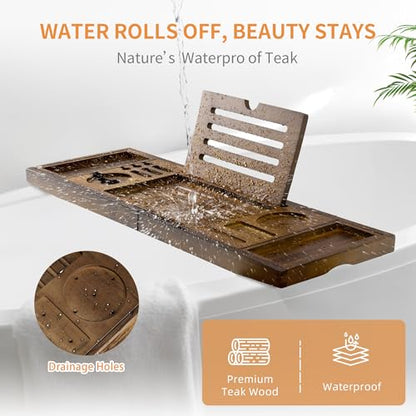 Luxury Teak Bathtub Tray - Foldable Bath Caddy with Expandable Handles, Wine Glass & Phone Holder, Book Stand - Enhance Home Spa Experience with Natural Material - Relaxing & Reading, Light Walnut - color: Light Walnut
