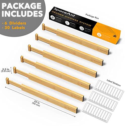 SpaceAid Bamboo Drawer Dividers with Labels, Kitchen Adjustable Drawer Organizers, Expandable Organization for Home, Office, Dressers and Bathroom, 6 Dividers (17-22 in) - size: Long (17-22 in)