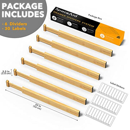 SpaceAid Bamboo Drawer Dividers with Labels, Kitchen Adjustable Drawer Organizers, Expandable Organization for Home, Office, Dressers and Bathroom, 6 Dividers (17-22 in) - size: Long (17-22 in)