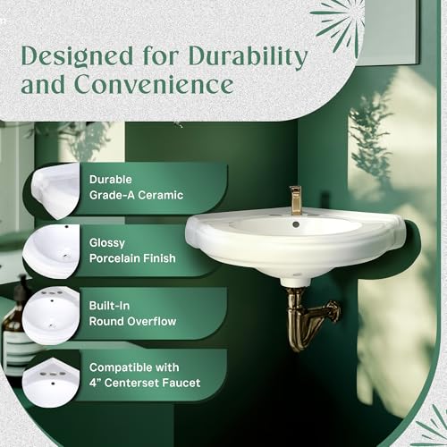 Renovators Supply Manufacturing Portsmouth 22 Inch Corner Wall Mount Bathroom Sink White Grade A Vitreous China Space Saving Floating Lavatory with Overflow 4 Inch Centerset Faucet Sink Only