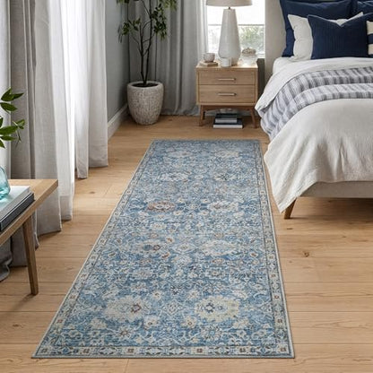 Bloom Rugs Caria Washable Non-Slip 7 ft Runner - Blue/Beige Traditional Runner for Entryway, Hallway, Bathroom, and Kitchen - Exact Size: 2'6" x 7' - color: Blue / Beige, size: 2'6" x 7' (Runner)