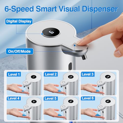 Fachixy Automatic Liquid Soap Dispenser Touchless, Smart Digital Display | 12.8oz/380mL, Up to 90 Days Battery Life, 6 Adjustable Level, Rechargeable, Wall Mountable IPX5 for Kitchen & Bathroom,Silver - color: Silver, style: Liquid