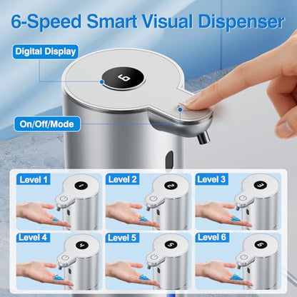 Fachixy Automatic Liquid Soap Dispenser Touchless, Smart Digital Display | 12.8oz/380mL, Up to 90 Days Battery Life, 6 Adjustable Level, Rechargeable, Wall Mountable IPX5 for Kitchen & Bathroom,Silver - color: Silver, style: Liquid